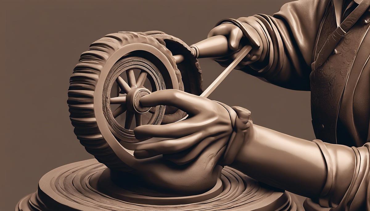 Illustration of hands shaping a clay figure on a spinning wheel, representing the reshaping nature of technology in staffing