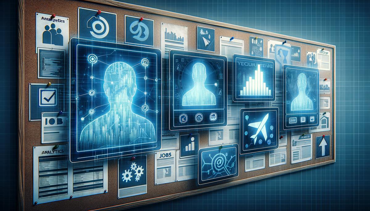 A detailed image showing various recruitment marketing channels like LinkedIn, Indeed, and job boards with data analytics graphs and charts overlaying them